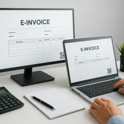 A modern workspace displaying FBR e-invoicing software on computer screens for digital tax compliance