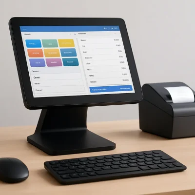A modern POS software system displayed on a clean wooden counter with a touchscreen, keyboard, and receipt printer.