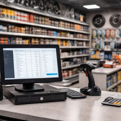 Complete Auto Parts POS system setup in a spare parts shop with billing screen, barcode scanner, and organized auto inventory shelves