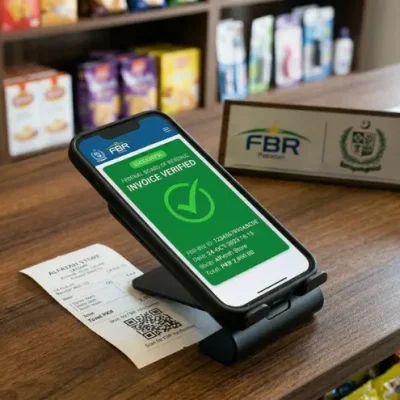 A smartphone showing a successful FBR invoice verification checkmark after scanning a retail receipt QR code