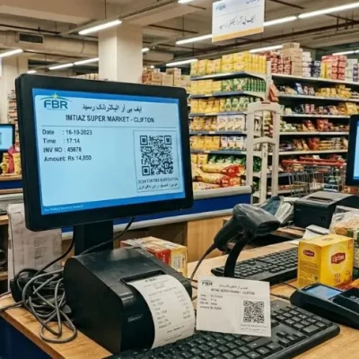 FBR digital invoicing system displayed on checkout monitors at Imtiaz Super Market Clifton with QR code receipts and POS setup