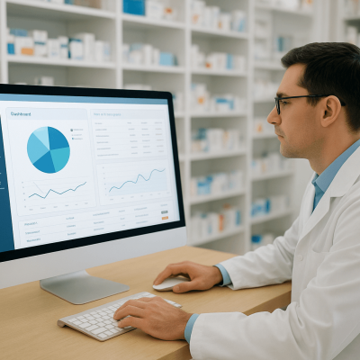 Pharmacist reviewing prescriptions and inventory using digital pharmacy software for efficient pharmacy management
