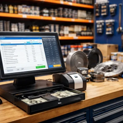 Auto parts store counter with POS system, barcode scanner, and organized shelves of car parts