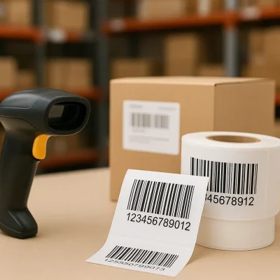 Barcode scanner and printed barcode labels used for inventory tracking in a warehouse.