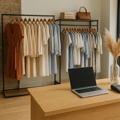 A clean and modern boutique store setup showcasing organized clothing racks and a billing counter.