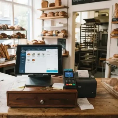 Modern POS software for bakeries in Pakistan displaying digital billing and inventory management at a bakery checkout counter.