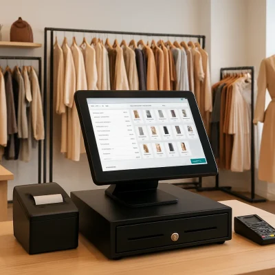 A modern boutique POS system placed inside a clothing store for smooth billing and inventory control.
