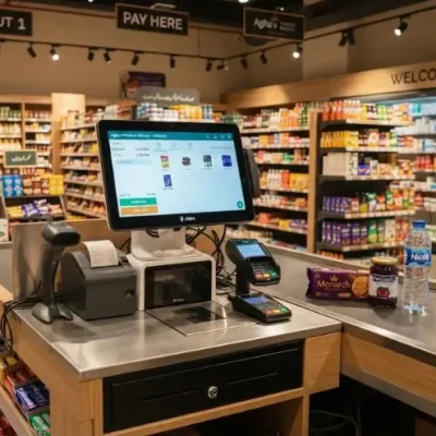 A modern touchscreen point-of-sale terminal on a white marble counter in a high-end clothing boutique.