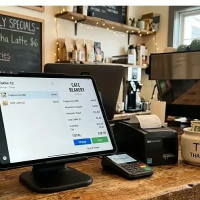 A handheld mobile-style photo of a tablet POS system on a cafe counter with a blurred background of coffee products.