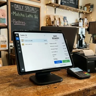 A handheld mobile-style photo of a tablet POS system on a cafe counter with a blurred background of coffee products.