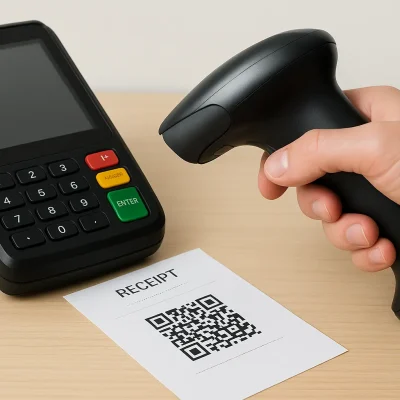 A POS terminal and barcode scanner processing a QR-coded receipt for FBR compliance.