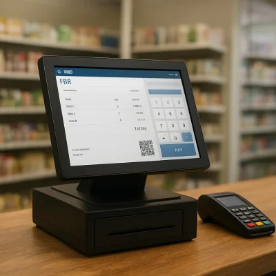 A modern POS system generating an FBR-verified digital invoice in a retail store.