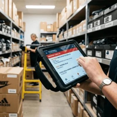 A split-screen visual comparing a messy handwritten logbook with a clean, organized mobile inventory management app.
