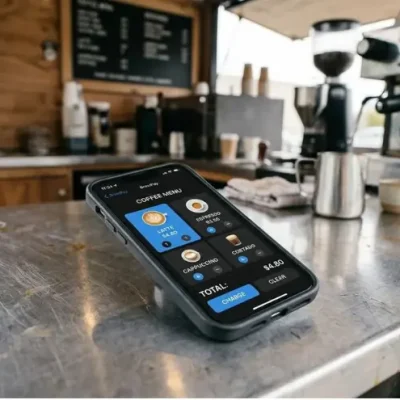 A smartphone on a coffee cart counter showing a quick-select billing menu for different coffee drinks.