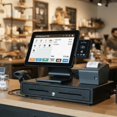 Modern POS software in Lahore with touchscreen billing system, barcode scanner, receipt printer, and contactless payment terminal in a retail store.