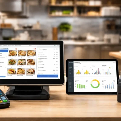 Restaurant POS management system for billing, inventory tracking and online order processing in a modern restaurant setup
