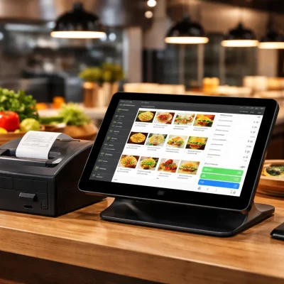 Modern restaurant POS system on wooden counter with touchscreen displaying menu