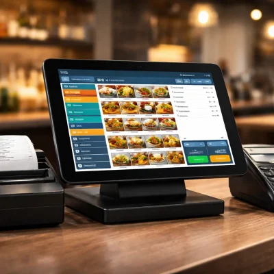 A modern restaurant POS system displaying billing and inventory management dashboards for efficient operations